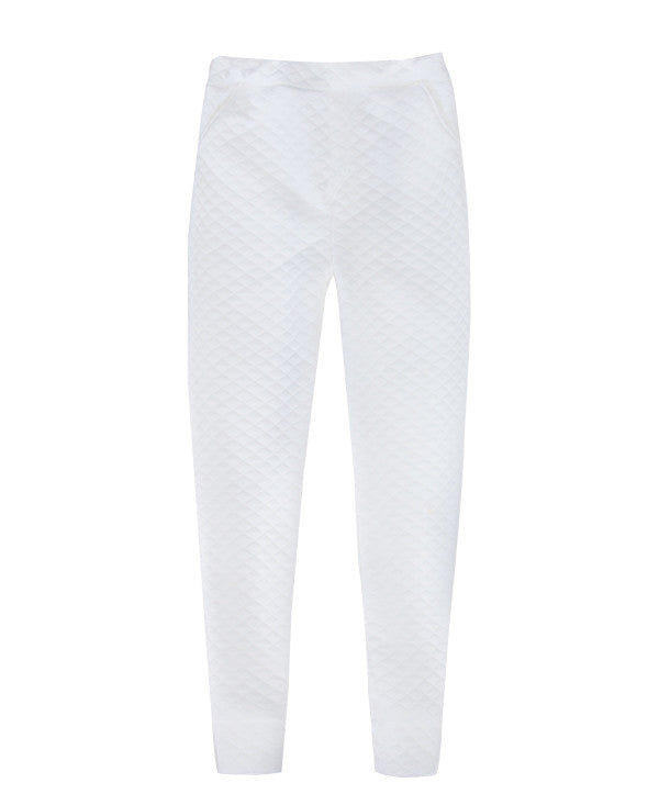 White quilted matelasse pants